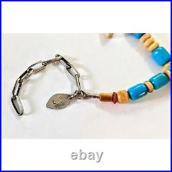 NAVAJO LYLE PIASO 925 Kingman Turquoise Bone Amethyst Beaded Bear Necklace 20