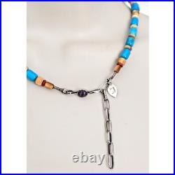 NAVAJO LYLE PIASO 925 Kingman Turquoise Bone Amethyst Beaded Bear Necklace 20