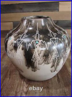 Native American Acoma Hand Etched Horse Hair Pottery by Yellow Corn