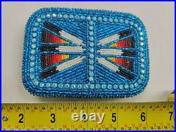Native American Beaded Belt Buckle 3 in x 4.25 in Blue Feather Design
