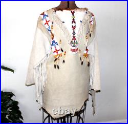Native American Beaded tunic shirt fringed Buckskin Suede fur Hide thunderbird