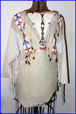 Native American Beaded tunic shirt fringed Buckskin Suede fur Hide thunderbird