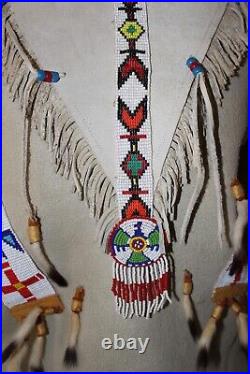 Native American Beaded tunic shirt fringed Buckskin Suede fur Hide thunderbird