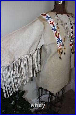 Native American Beaded tunic shirt fringed Buckskin Suede fur Hide thunderbird