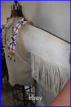 Native American Beaded tunic shirt fringed Buckskin Suede fur Hide thunderbird