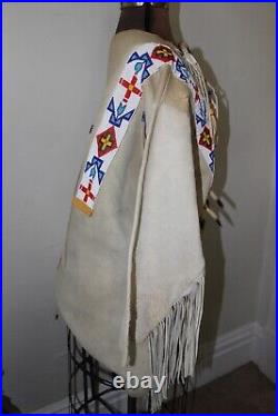 Native American Beaded tunic shirt fringed Buckskin Suede fur Hide thunderbird