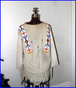 Native American Beaded tunic shirt fringed Buckskin Suede fur Hide thunderbird