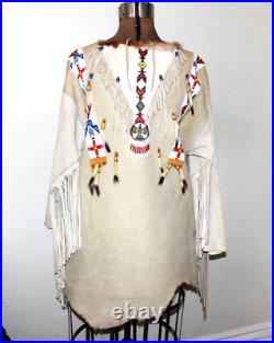 Native American Beaded tunic shirt fringed Buckskin Suede fur Hide thunderbird