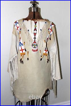 Native American Beaded tunic shirt fringed Buckskin Suede fur Hide thunderbird