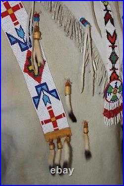 Native American Beaded tunic shirt fringed Buckskin Suede fur Hide thunderbird