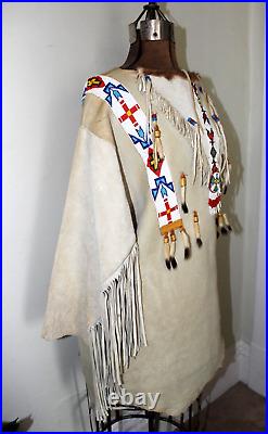 Native American Beaded tunic shirt fringed Buckskin Suede fur Hide thunderbird