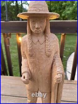 Native American Chief Sitting Bull With Hat Wooden Carved Statue Folk Art 20