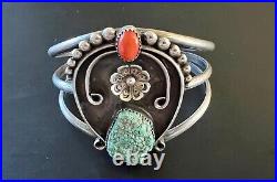 Native American Cuff Bracelet Turquoise & Coral Signed RD