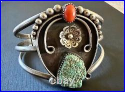 Native American Cuff Bracelet Turquoise & Coral Signed RD