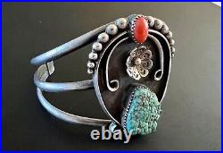 Native American Cuff Bracelet Turquoise & Coral Signed RD