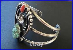 Native American Cuff Bracelet Turquoise & Coral Signed RD