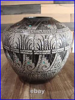 Native American Hand Etched Pottery Signed by Dewayne & Eskeets