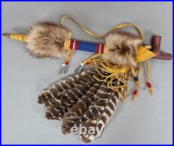 Native American Indian Beaded Smoking Catlinite T Pipe Fur Hide Hawk Feathers