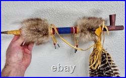 Native American Indian Beaded Smoking Catlinite T Pipe Fur Hide Hawk Feathers