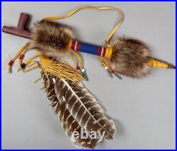Native American Indian Beaded Smoking Catlinite T Pipe Fur Hide Hawk Feathers