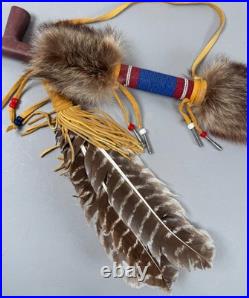 Native American Indian Beaded Smoking Catlinite T Pipe Fur Hide Hawk Feathers
