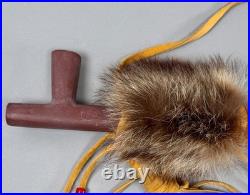 Native American Indian Beaded Smoking Catlinite T Pipe Fur Hide Hawk Feathers