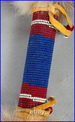 Native American Indian Beaded Smoking Catlinite T Pipe Fur Hide Hawk Feathers