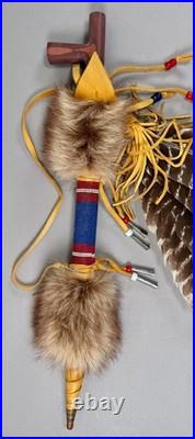Native American Indian Beaded Smoking Catlinite T Pipe Fur Hide Hawk Feathers