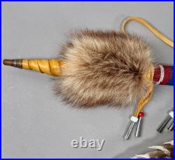 Native American Indian Beaded Smoking Catlinite T Pipe Fur Hide Hawk Feathers
