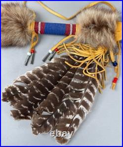 Native American Indian Beaded Smoking Catlinite T Pipe Fur Hide Hawk Feathers