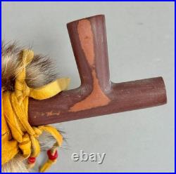 Native American Indian Beaded Smoking Catlinite T Pipe Fur Hide Hawk Feathers