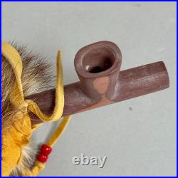 Native American Indian Beaded Smoking Catlinite T Pipe Fur Hide Hawk Feathers
