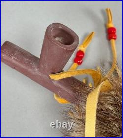 Native American Indian Beaded Smoking Catlinite T Pipe Fur Hide Hawk Feathers