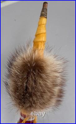 Native American Indian Beaded Smoking Catlinite T Pipe Fur Hide Hawk Feathers