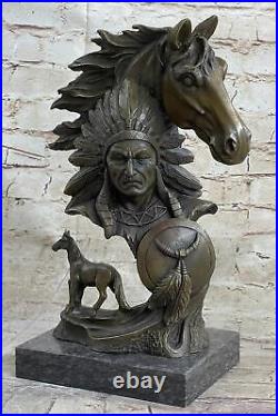 Native American Indian Bust with Horses Bronze Statue Sculpture Original Art Decor