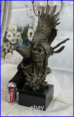 Native American Indian Chief Braided Hair & Eagle Bronze Statue Sculpture Milo
