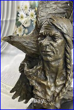 Native American Indian Chief Braided Hair & Eagle Bronze Statue Sculpture Milo