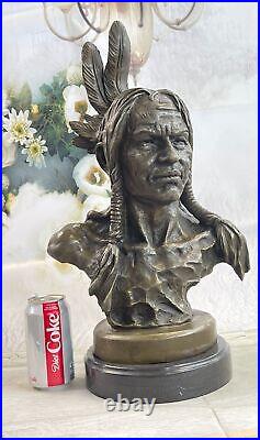 Native American Indian Chief Bronze Bust Sculpture Statue Marble Base Original