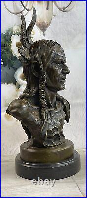 Native American Indian Chief Bronze Bust Sculpture Statue Marble Base Original