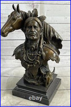 Native American Indian Chief Horse Signed Original Bronze Bust Sculpture Statue