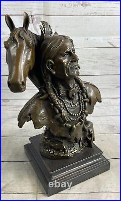 Native American Indian Chief Horse Signed Original Bronze Bust Sculpture Statue