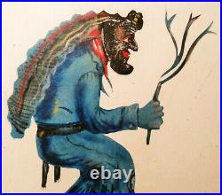 Native American Indian Dance vtg painting wood mask hat fight weapon art tray