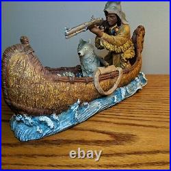 Native American Indian Figurine In Canoe With Gun Wolf Blanket Water Hand Made