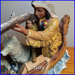 Native American Indian Figurine In Canoe With Gun Wolf Blanket Water Hand Made