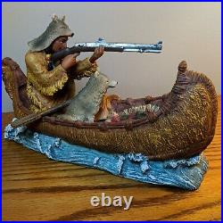 Native American Indian Figurine In Canoe With Gun Wolf Blanket Water Hand Made