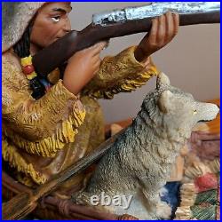 Native American Indian Figurine In Canoe With Gun Wolf Blanket Water Hand Made