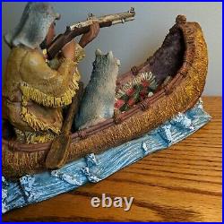 Native American Indian Figurine In Canoe With Gun Wolf Blanket Water Hand Made