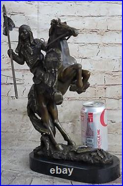 Native American Indian Horseback Warrior with Spear Bronze Sculpture Statue Art
