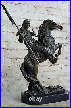 Native American Indian Horseback Warrior with Spear Bronze Sculpture Statue Art