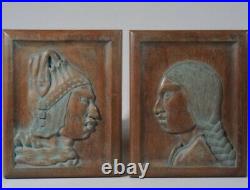 Native American Indian Indigenous Hand Carved Wooden Busts Signed F. Barron